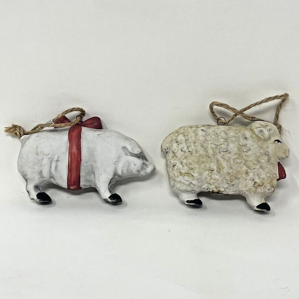 Vintage Country Farmhouse Sheep and Pig Bisque Midwest Imports Taiwan Ornaments